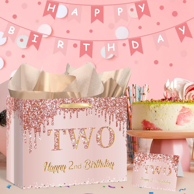 Yoirrat Rose Gold 2nd Birthday Gift Bag for Baby Girls - Large Pink Happy 2nd Birthday Gift Bag with Wrapping Paper and Card for Decorations and Party Supplies - Image 2